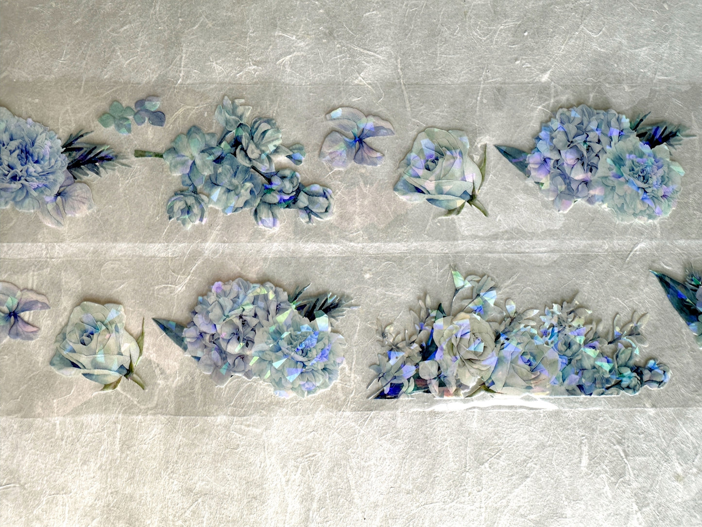 byumee - Dusty Blue Flowers iridescent PET tape SAMPLES