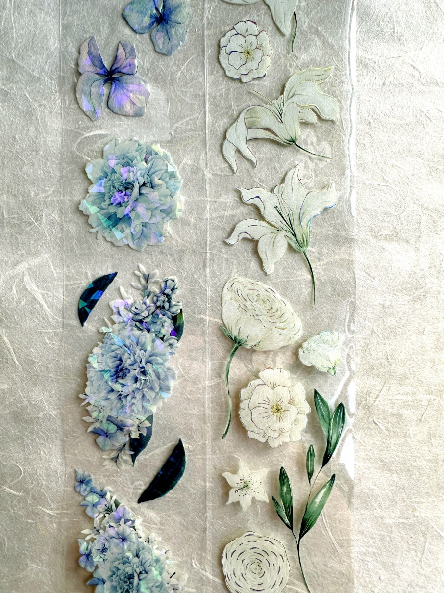byumee - White Flowers silver foil PET tape SAMPLES