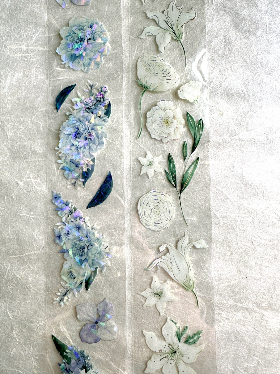 byumee - White Flowers silver foil PET tape SAMPLES