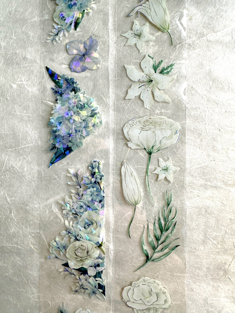 byumee - White Flowers silver foil PET tape SAMPLES