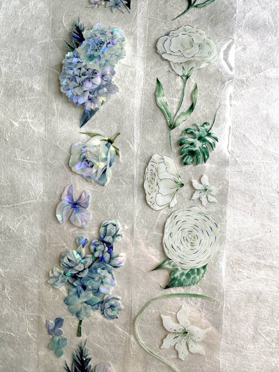 byumee - White Flowers silver foil PET tape SAMPLES