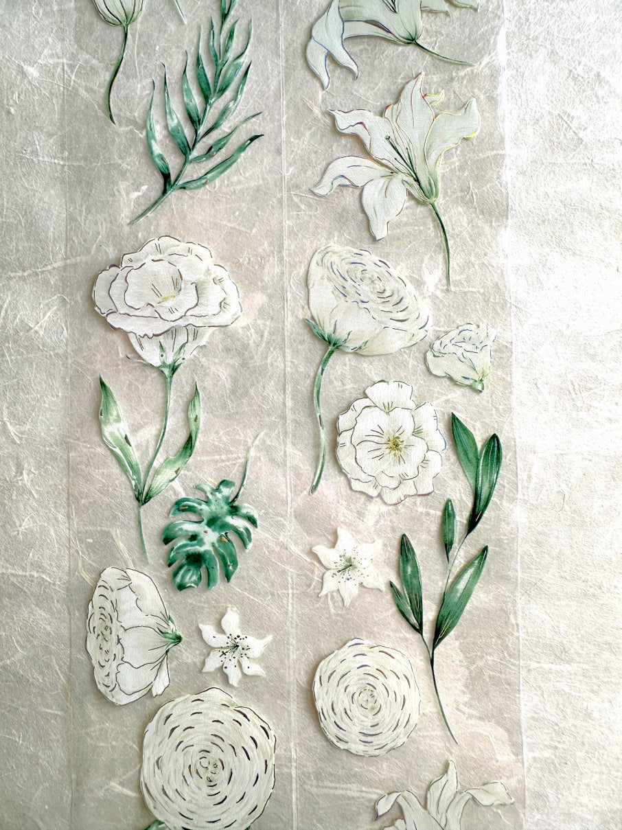 byumee - White Flowers silver foil PET tape SAMPLES