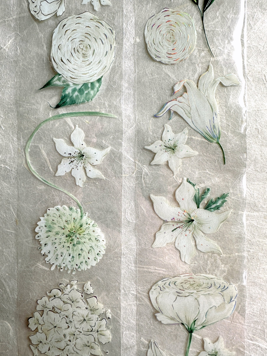 byumee - White Flowers silver foil PET tape SAMPLES