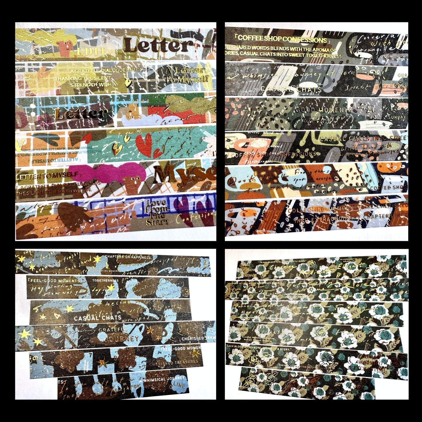 A Kind of Café - gold-foiled washi tapes (A Letter to Myself, Feel-Good Moments, Coffee Shop Confessions, & Rose Garden Serenade) SAMPLES